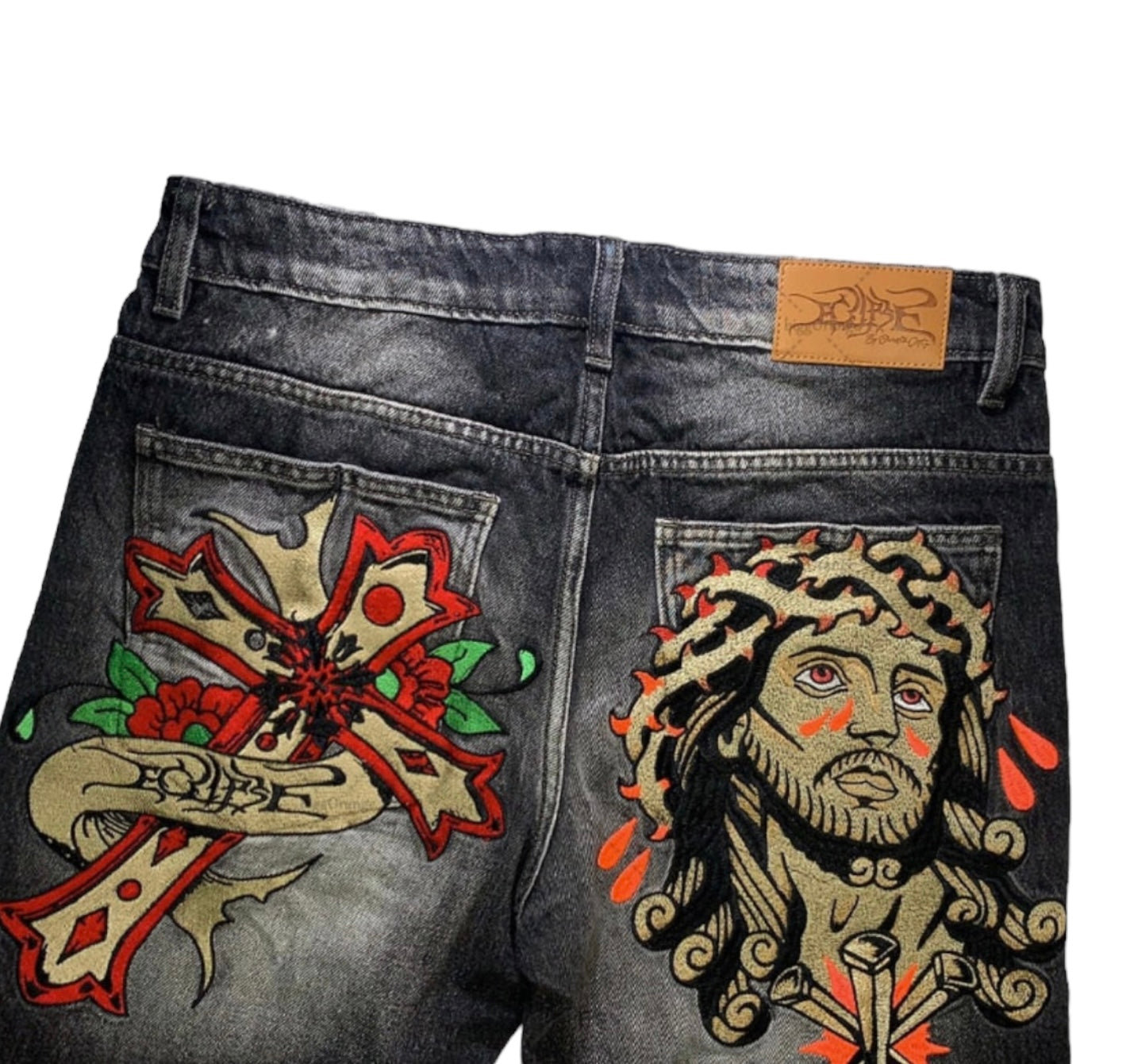 Embroidered Cross Loose Straight Denim