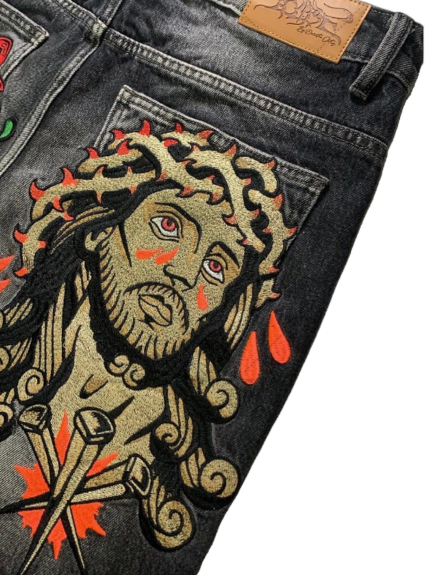 Embroidered Cross Loose Straight Denim