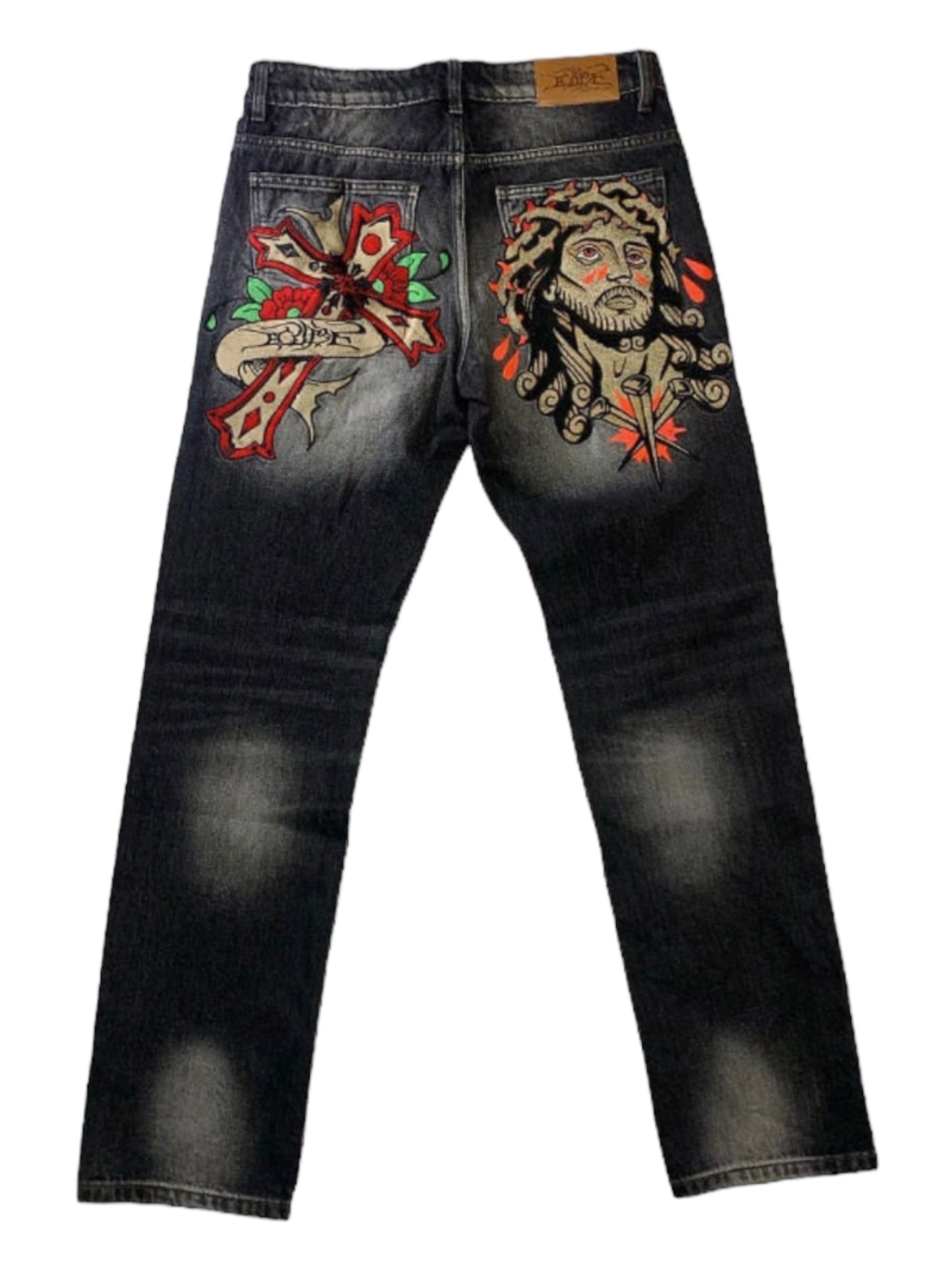 Embroidered Cross Loose Straight Denim