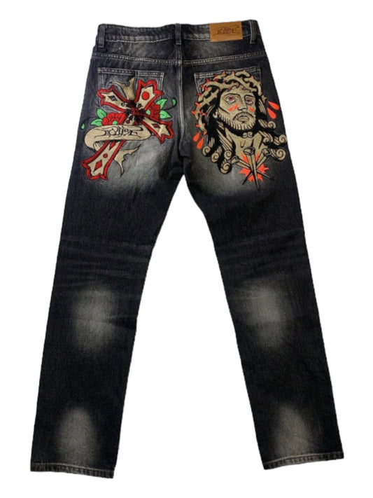 Embroidered Cross Loose Straight Denim