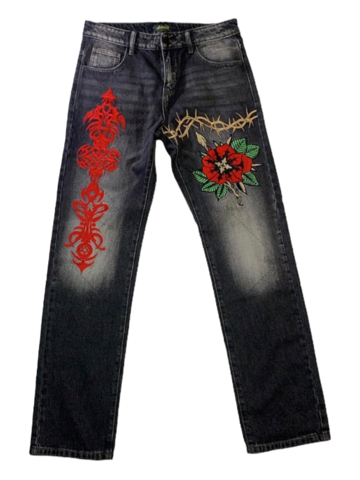 Embroidered Cross Loose Straight Denim