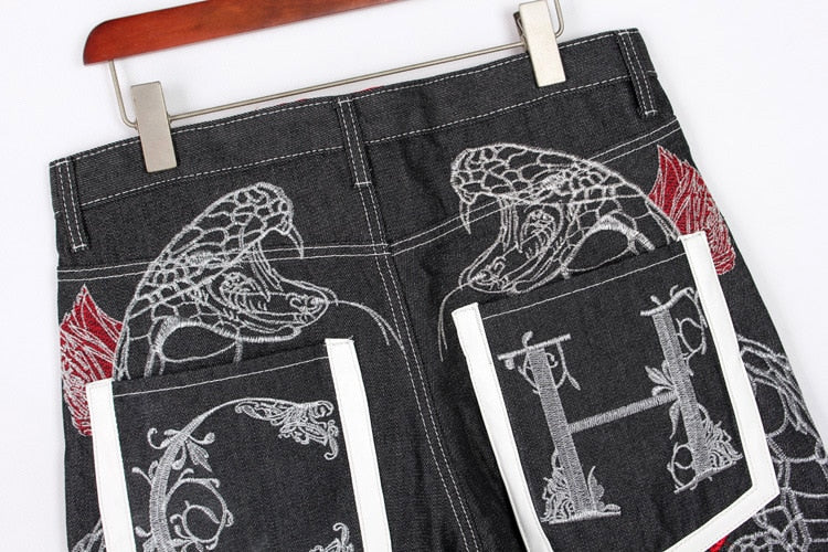 Men's Embroidery Denim Snake Shorts