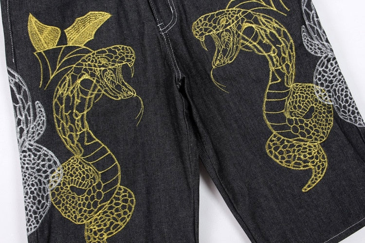 Men's Embroidery Denim Snake Shorts