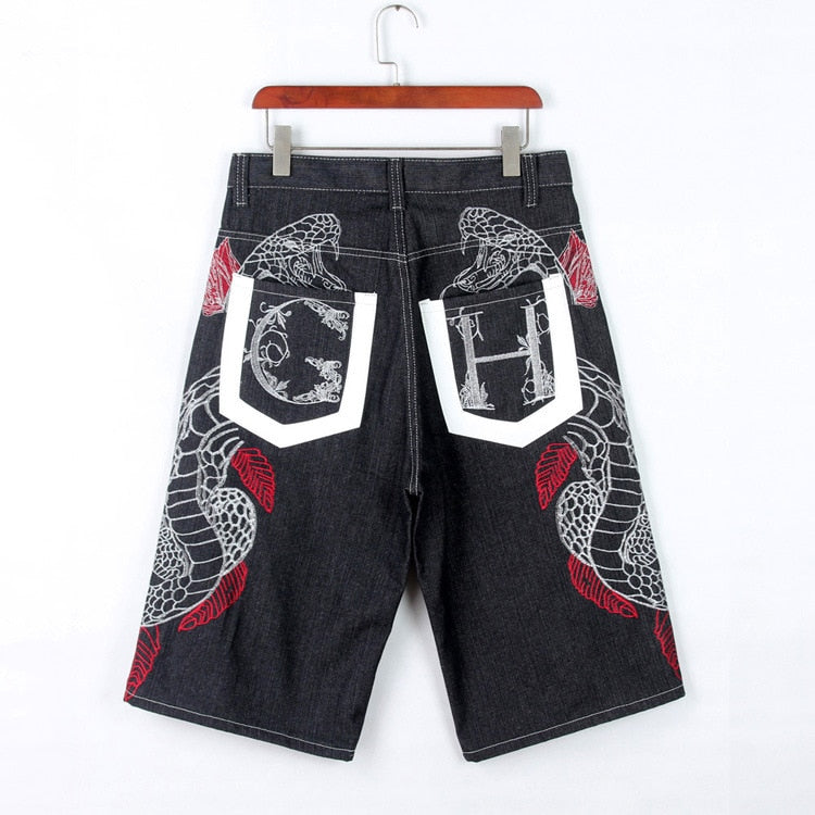 Men's Embroidery Denim Snake Shorts