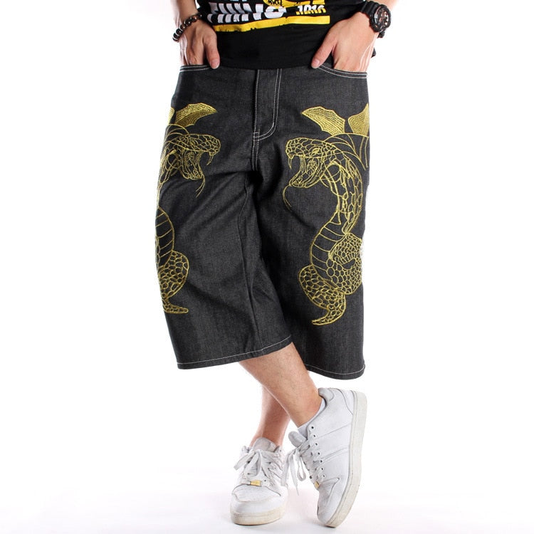 Men's Embroidery Denim Snake Shorts