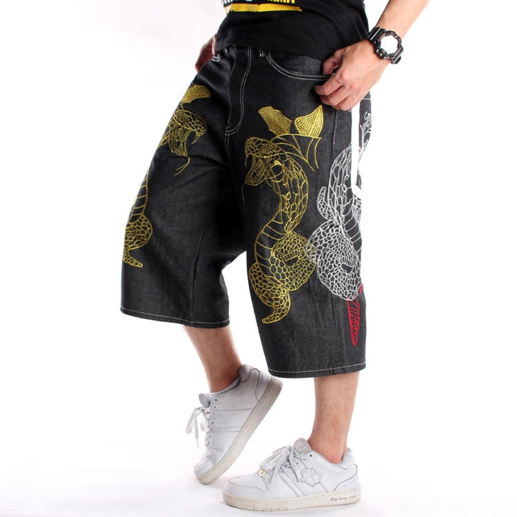 Men's Embroidery Denim Snake Shorts