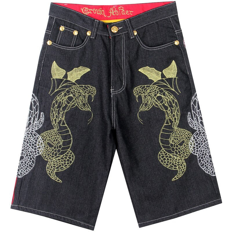 Men's Embroidery Denim Snake Shorts