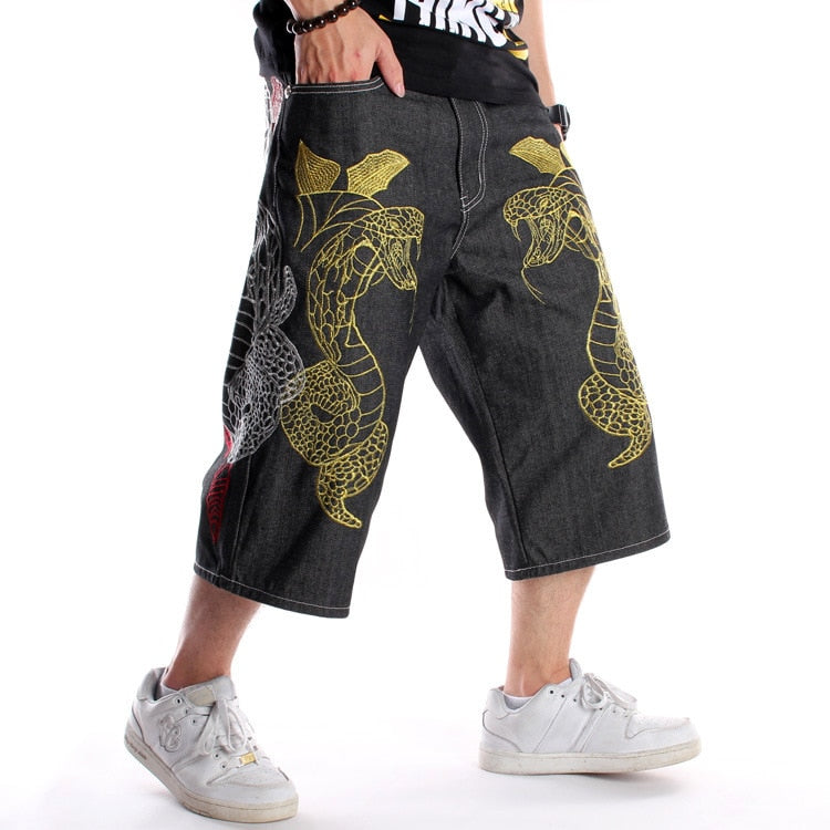Men's Embroidery Denim Snake Shorts