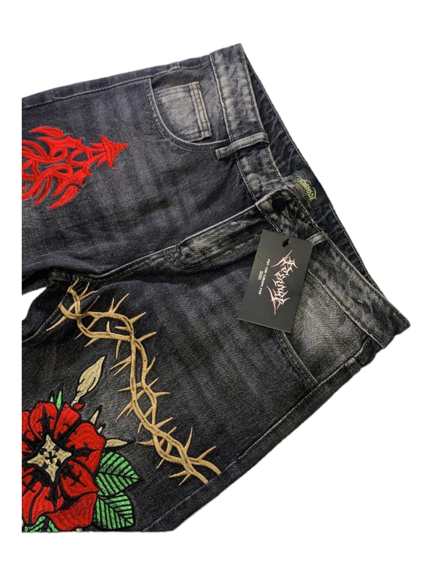 Embroidered Cross Loose Straight Denim
