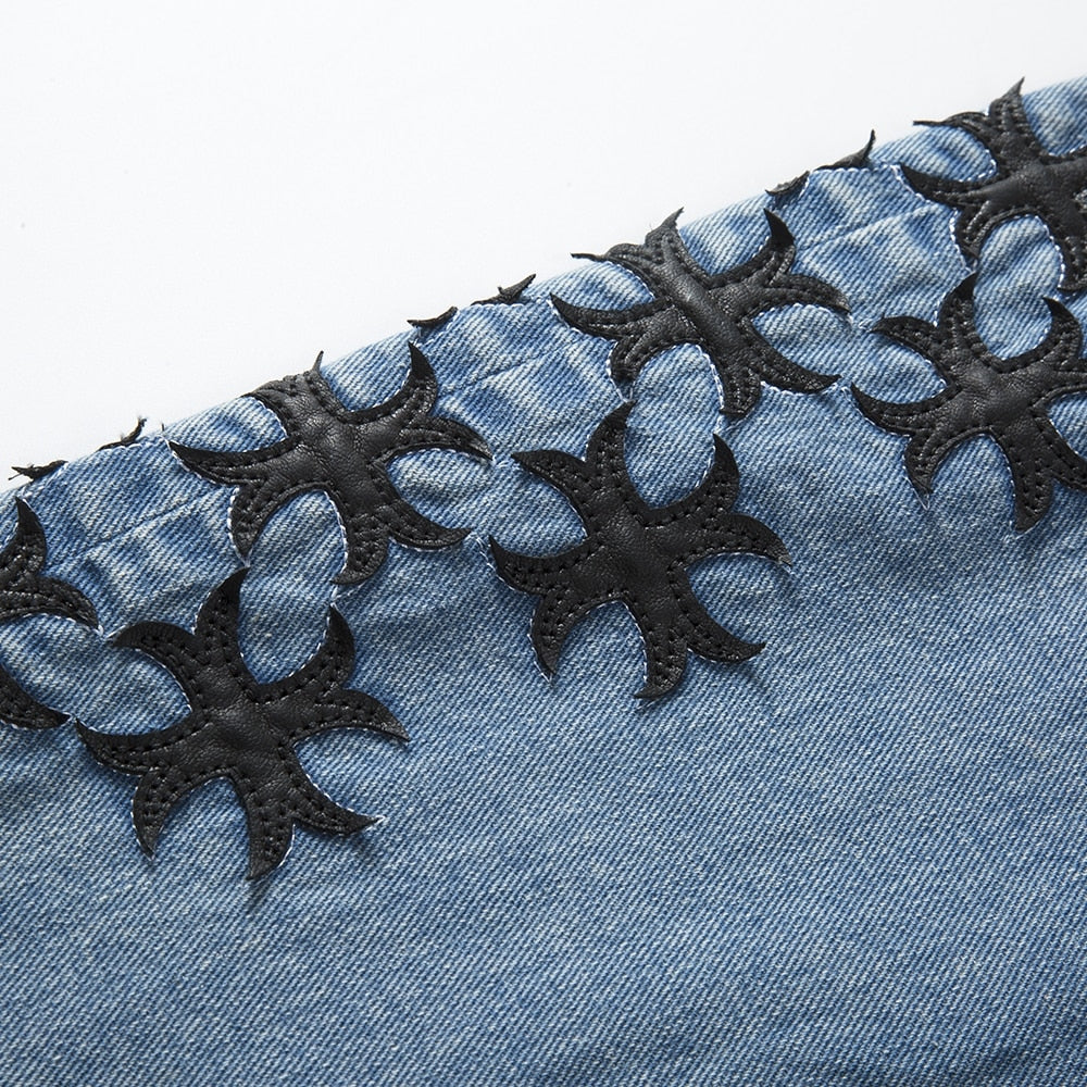 Leather Embroidered Denim Shorts