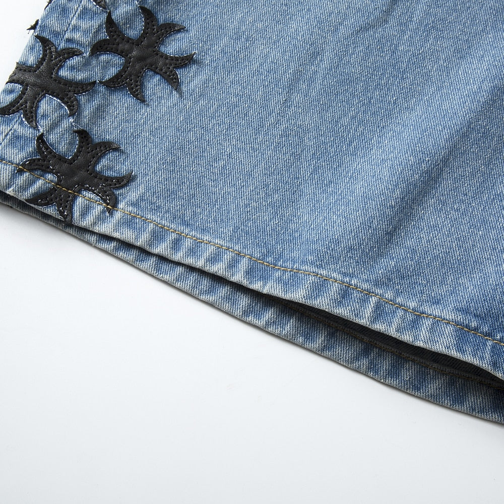 Leather Embroidered Denim Shorts