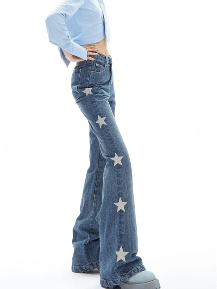 Stars Print Denim Flare Pants