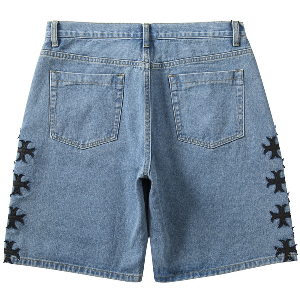 Leather Embroidered Denim Shorts