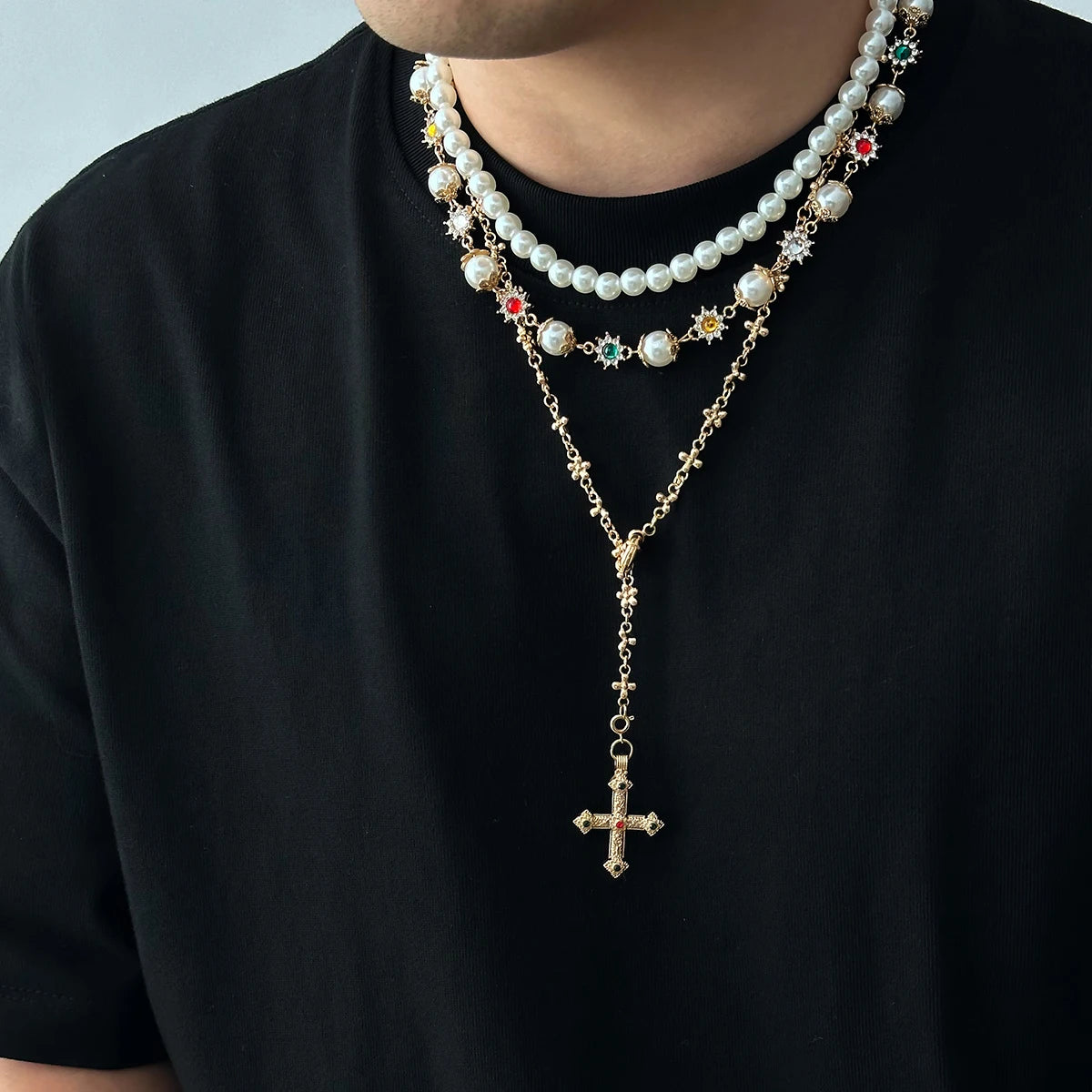 Gold Pearl Cross Necklace