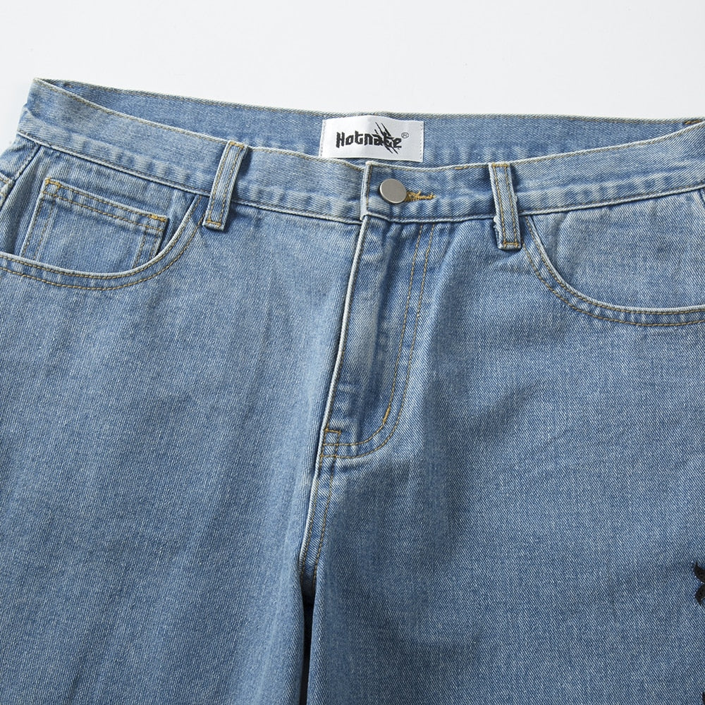 Leather Embroidered Denim Shorts