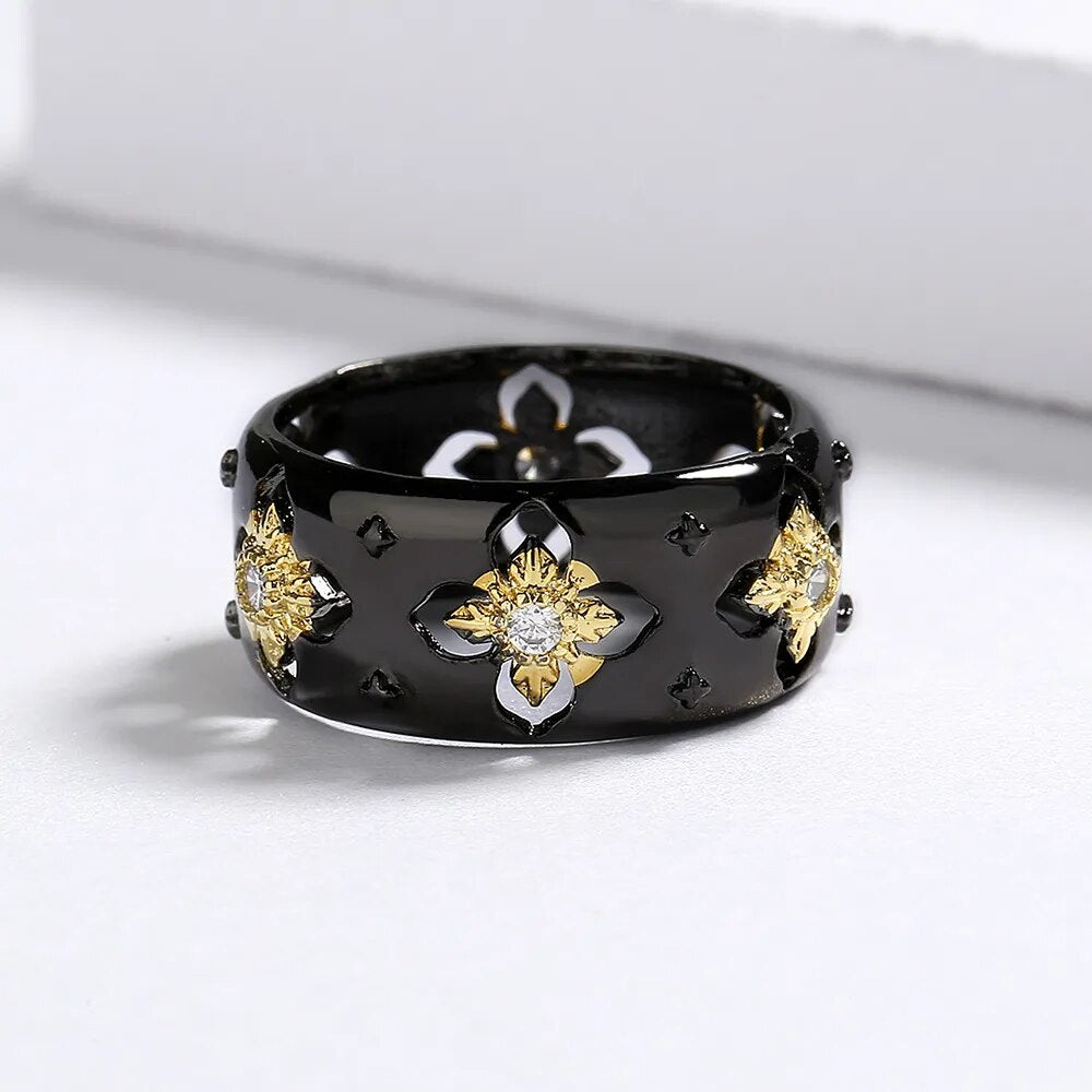 Gold on Black Flower Ring