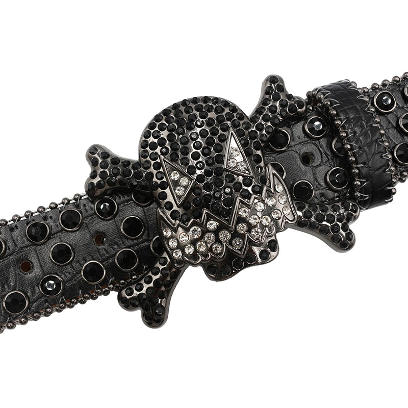 Dark Wario Skull Rhinestone Leather Belt