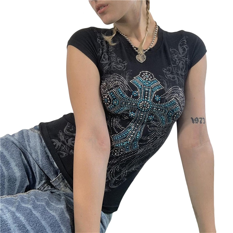 Y2K Cross Wings And Rhinestone Tee