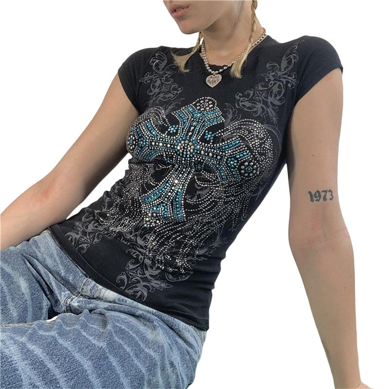 Y2K Cross Wings And Rhinestone Tee