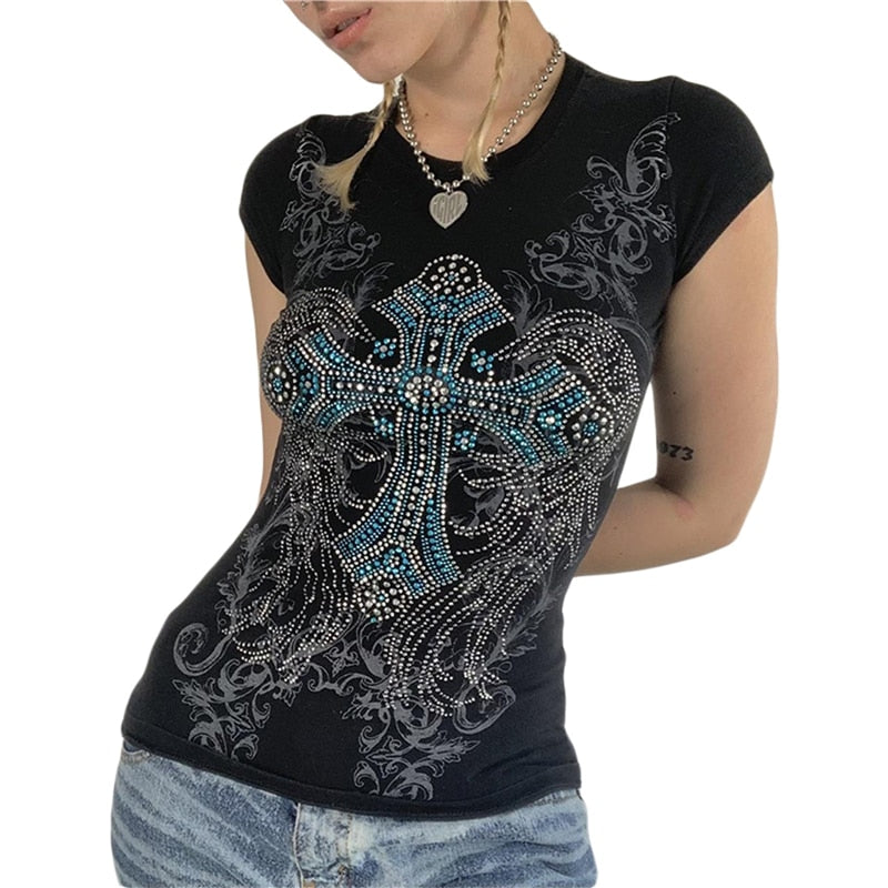 Y2K Cross Wings And Rhinestone Tee