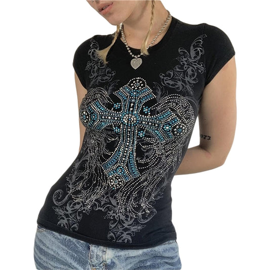Y2K Cross Wings And Rhinestone Tee