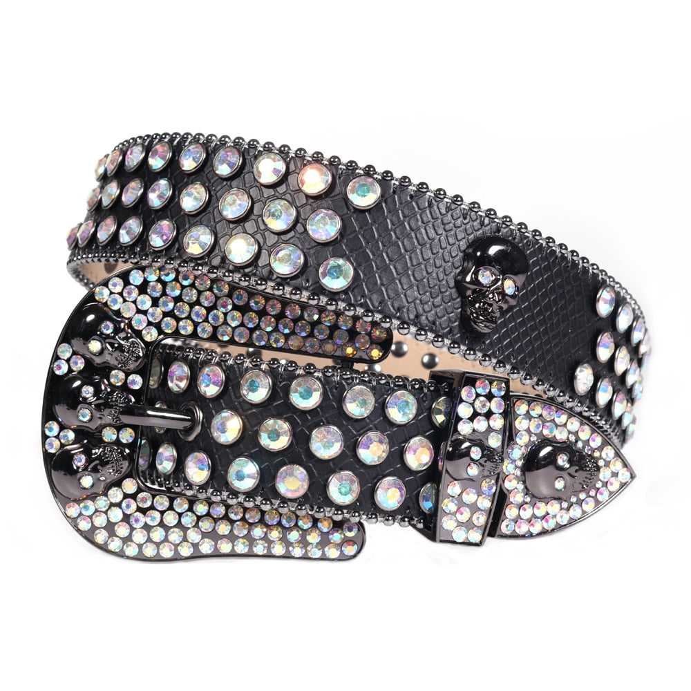 Leather Rhinestone Studded Skull Belt