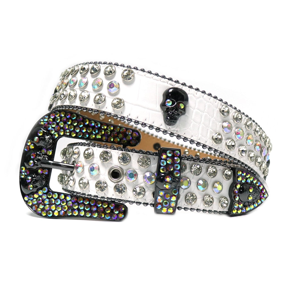 Leather Rhinestone Studded Skull Belt