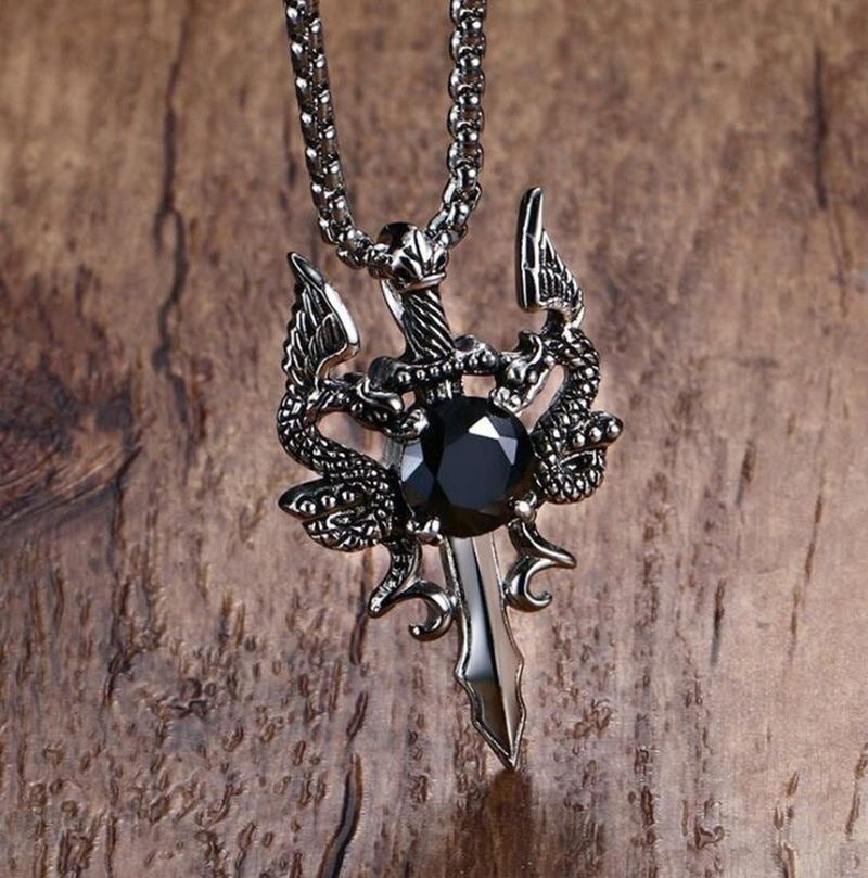 Dark Vintage Double Dragon Sword Necklace