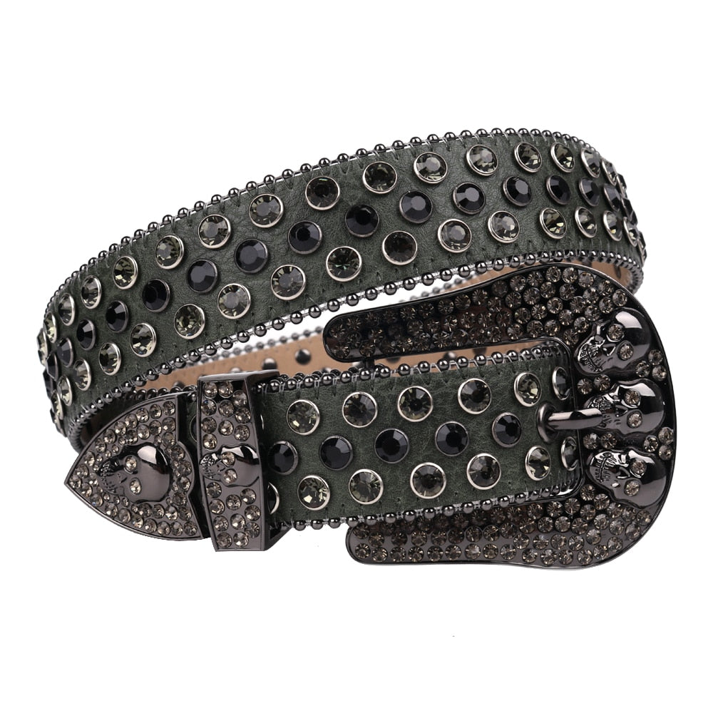 Leather Rhinestone Studded Skull Belt