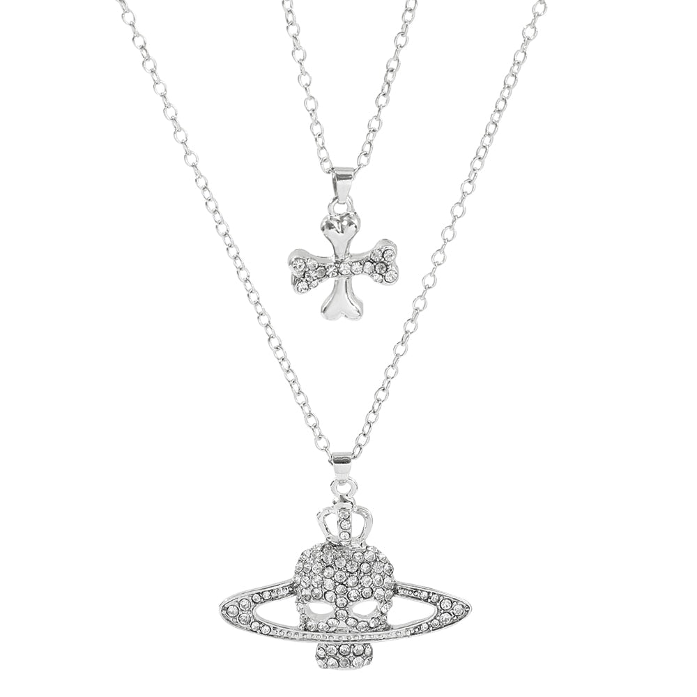 Rhinestone Skull Cross Saturn Necklace