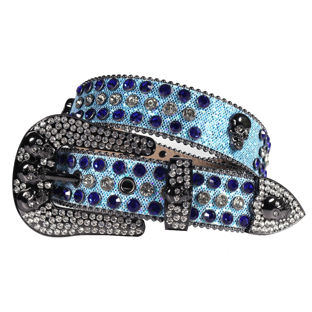 Leather Rhinestone Studded Skull Belt