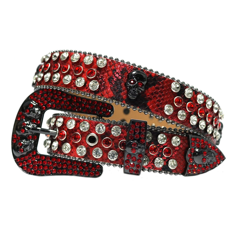 Leather Rhinestone Studded Skull Belt