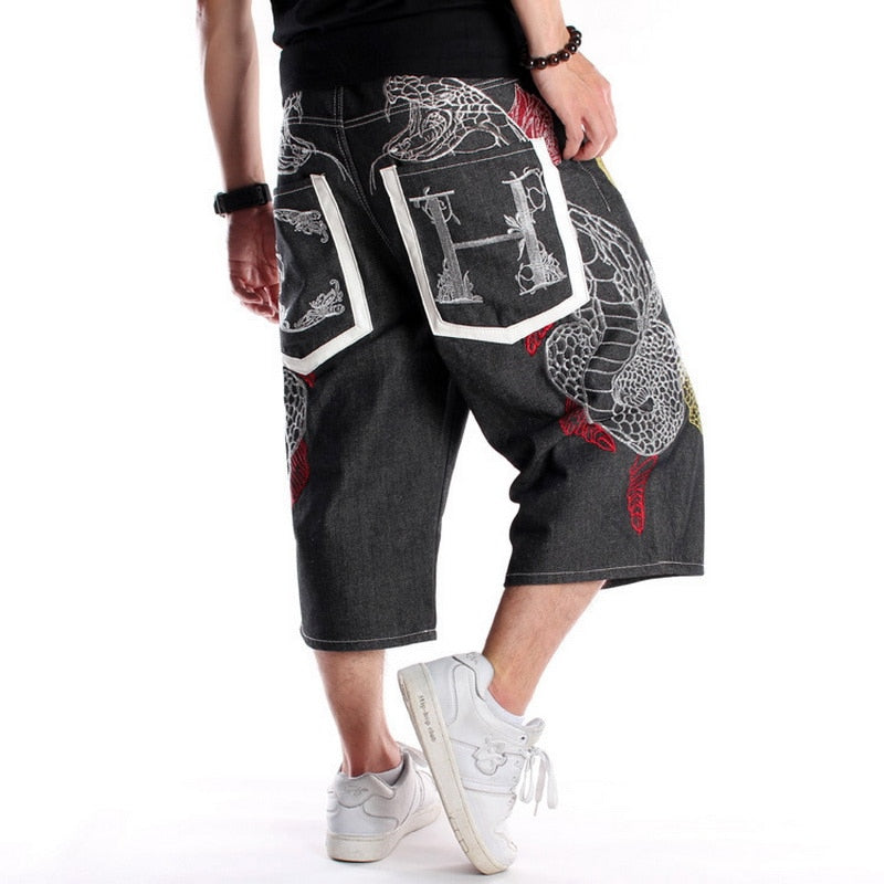 Men's Embroidery Denim Snake Shorts