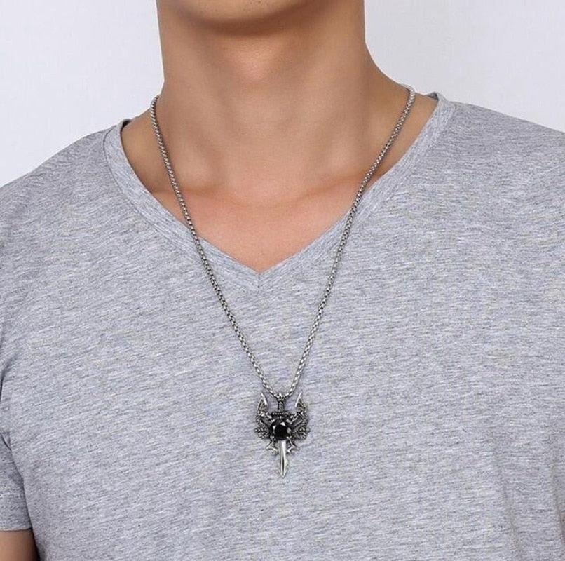 Dark Vintage Double Dragon Sword Necklace