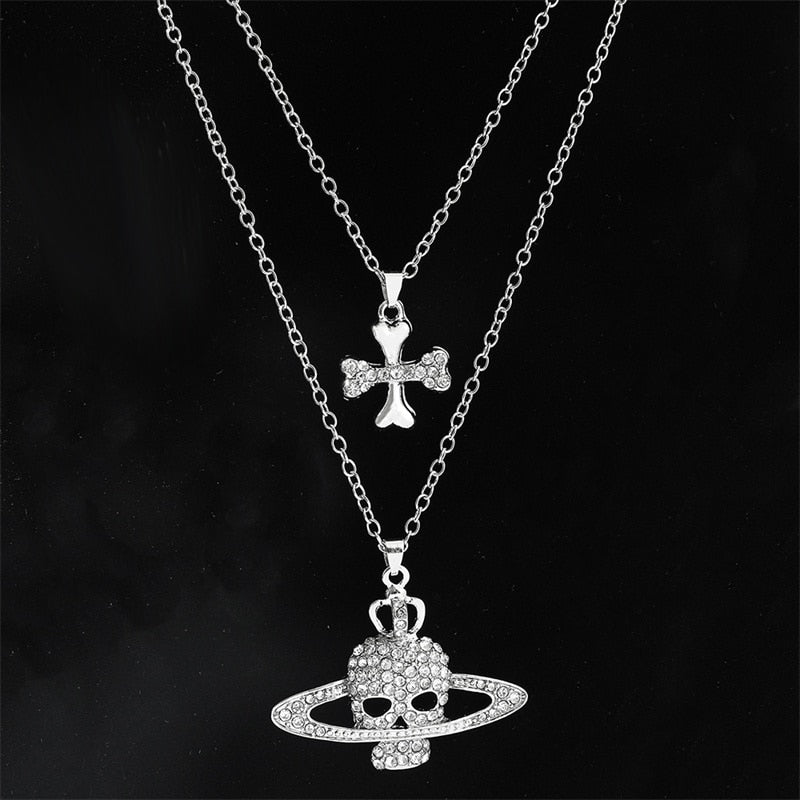 Rhinestone Skull Cross Saturn Necklace