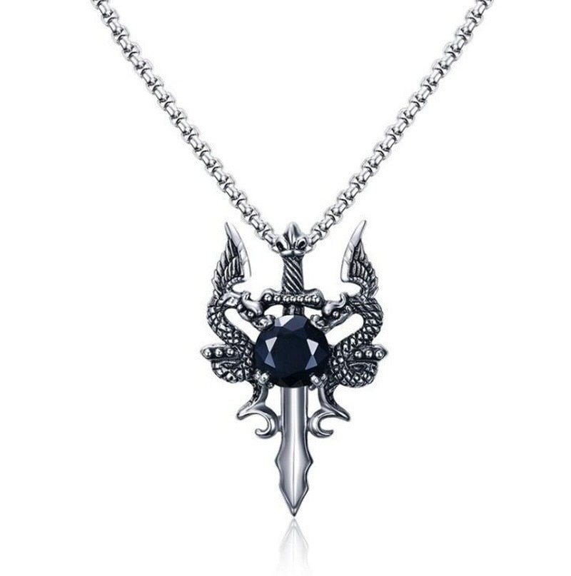 Dark Vintage Double Dragon Sword Necklace
