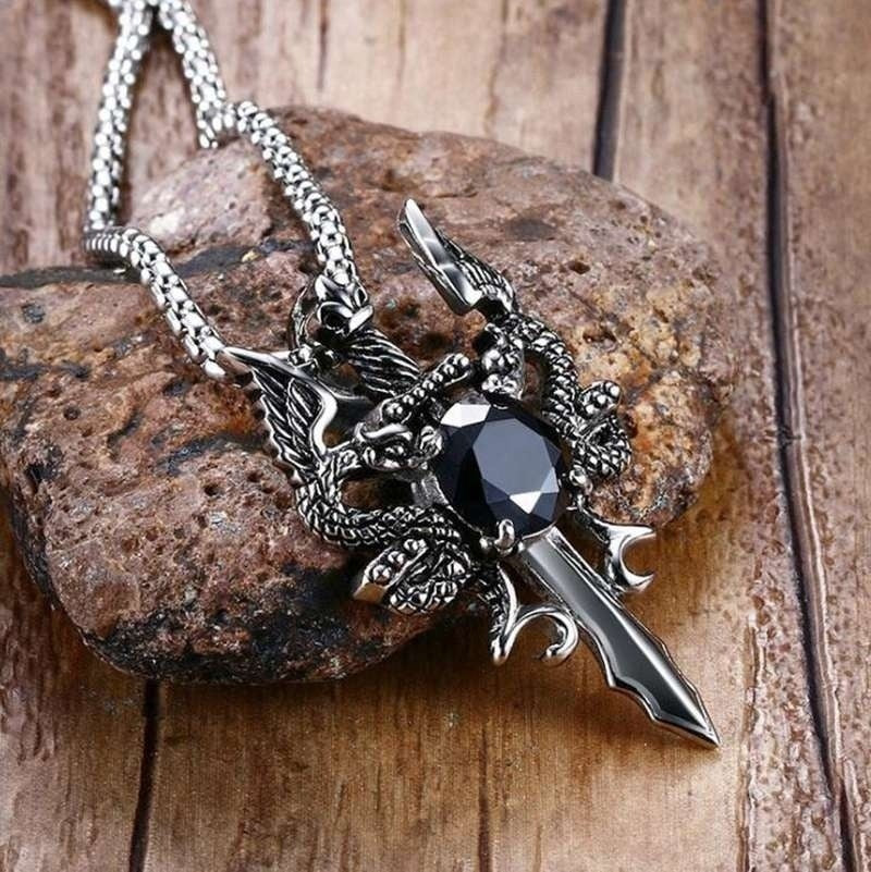 Dark Vintage Double Dragon Sword Necklace