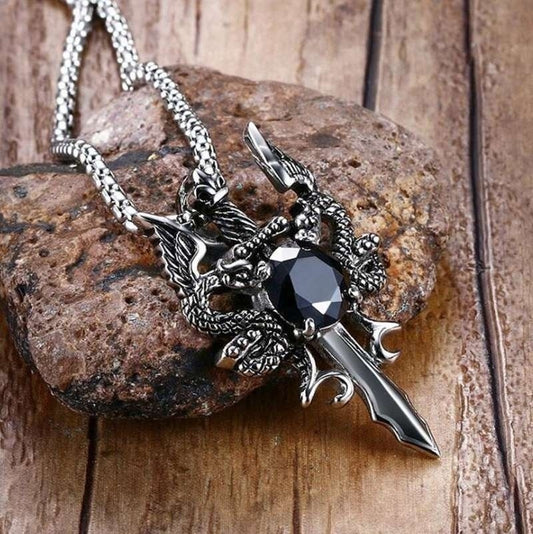 Dark Vintage Double Dragon Sword Necklace