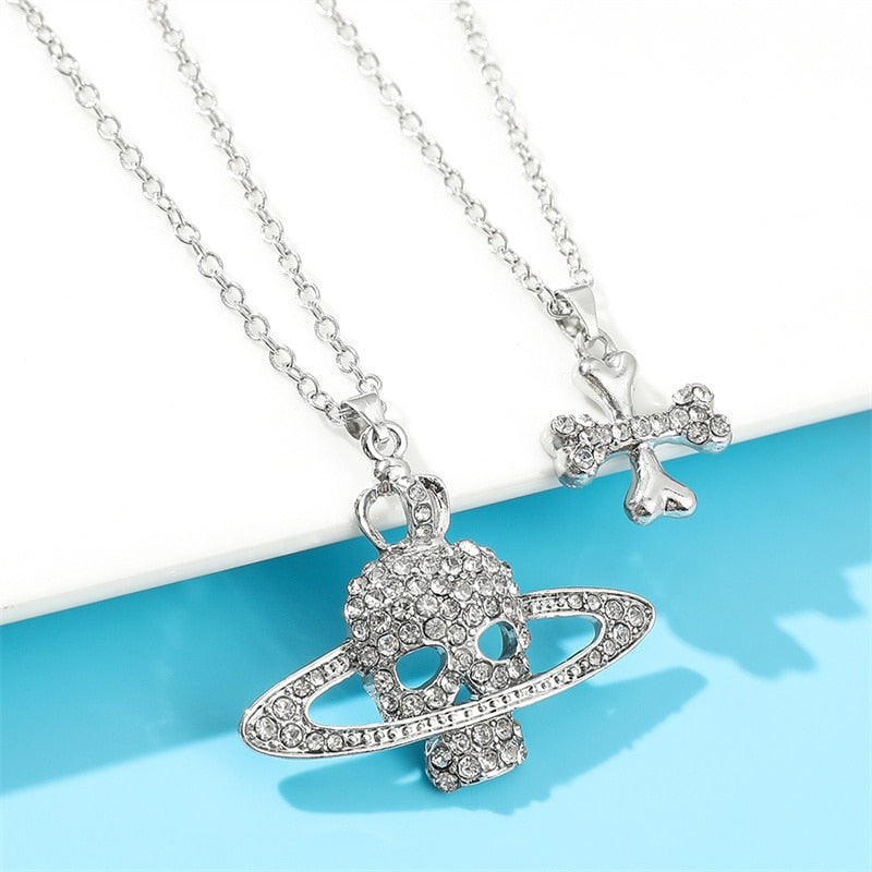 Rhinestone Skull Cross Saturn Necklace