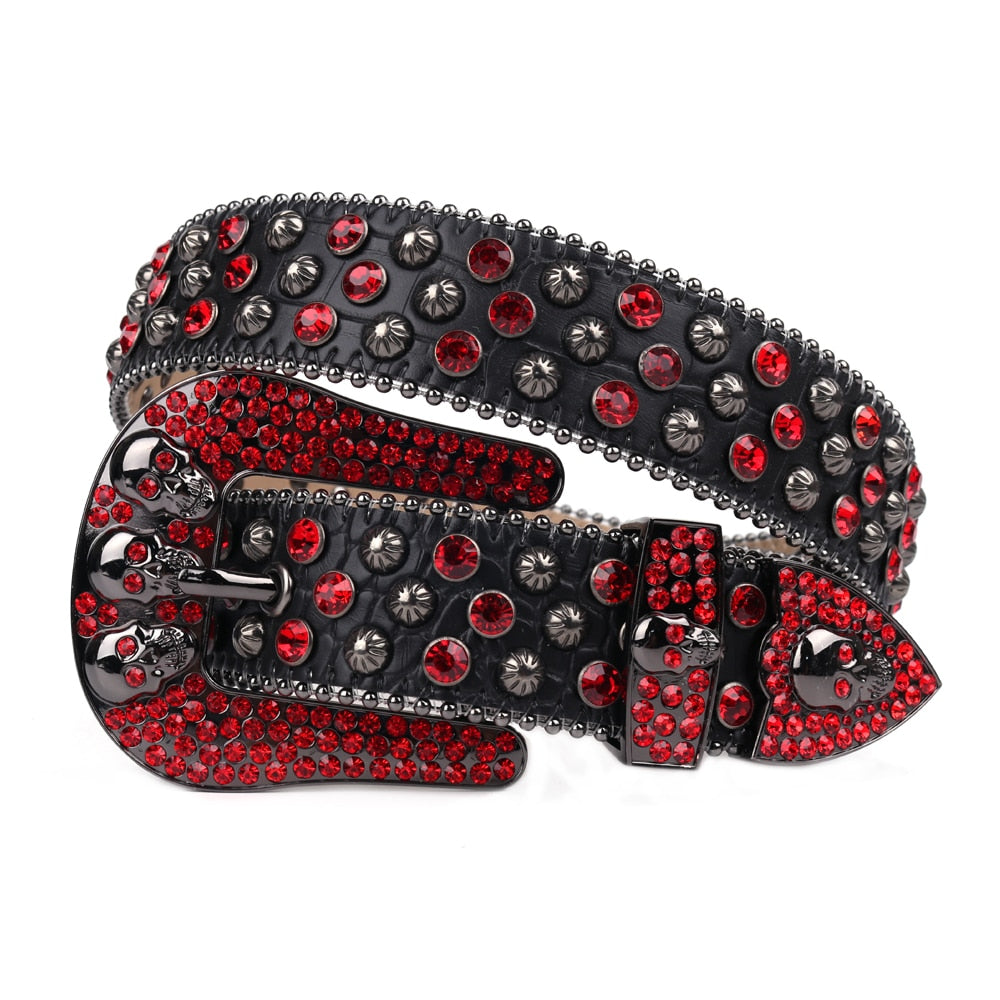Leather Rhinestone Studded Skull Belt