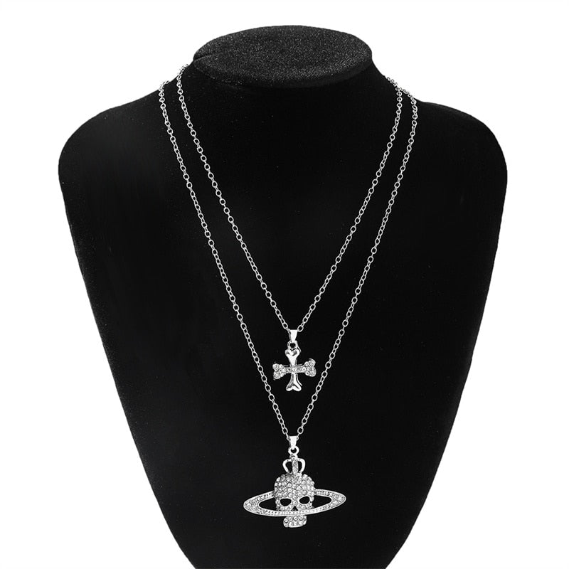 Rhinestone Skull Cross Saturn Necklace