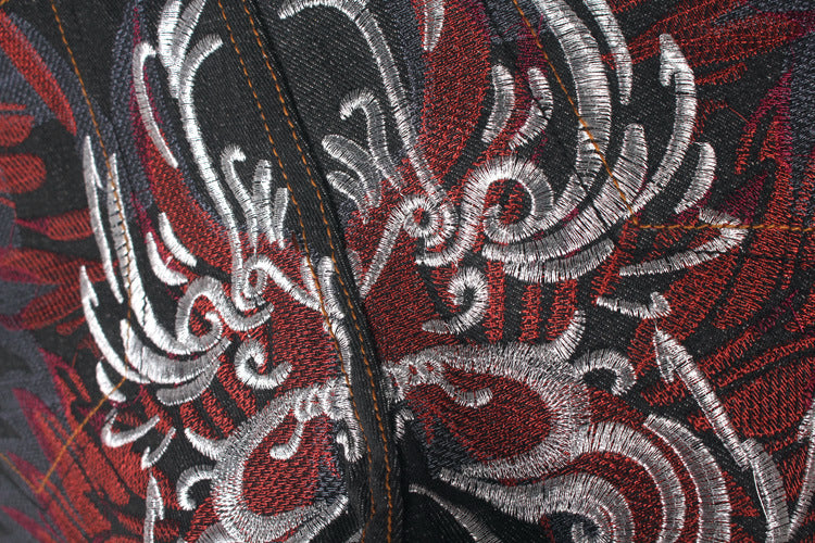 Red Embroidered Denim Jeans