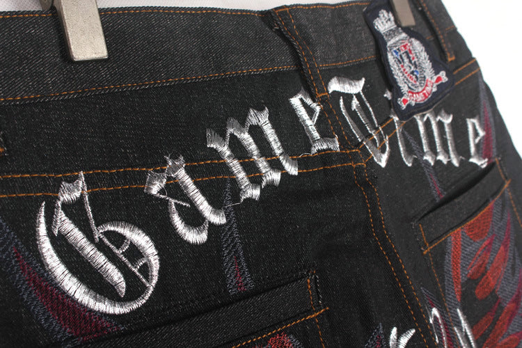 Red Embroidered Denim Jeans