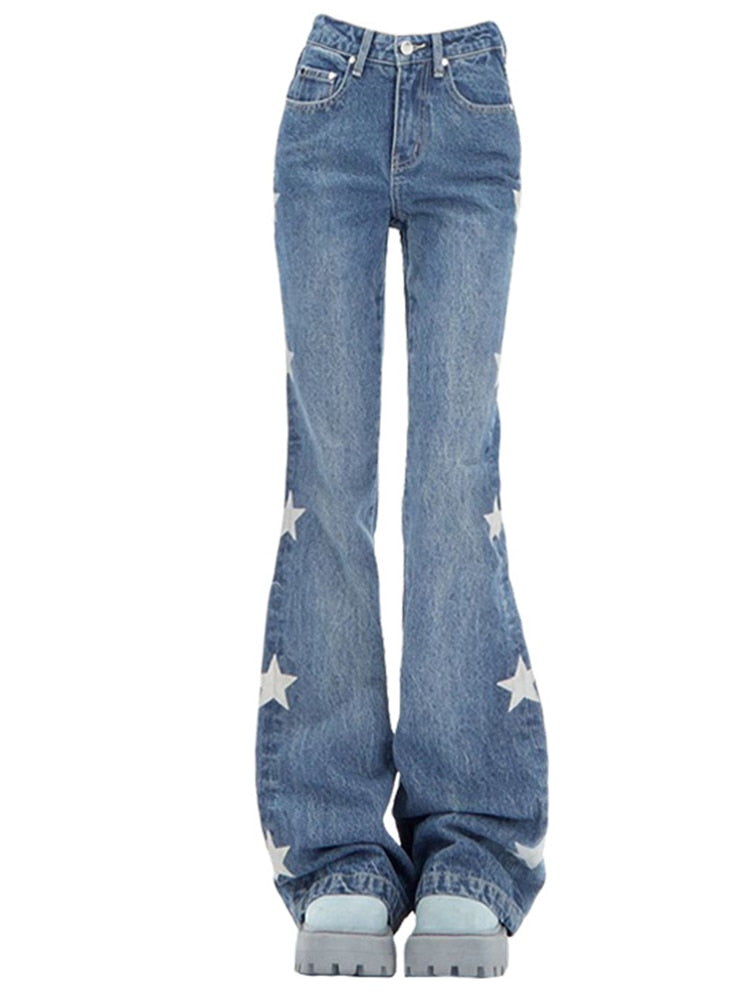 Stars Print Denim Flare Pants