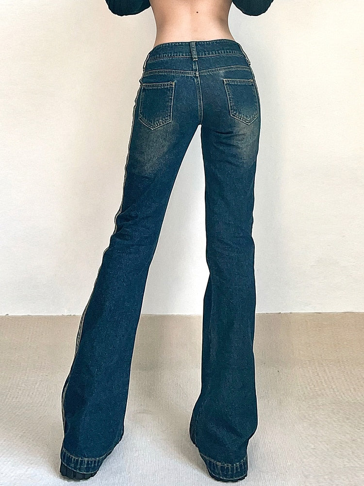 Womans Washed Vintage Low Rise Flare Jeans