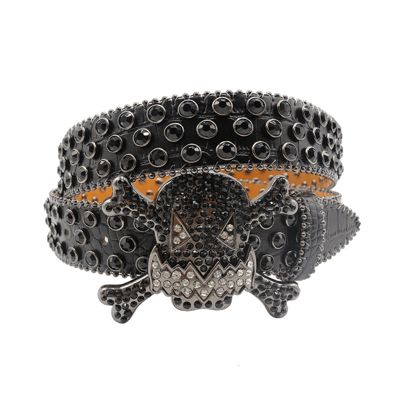 Dark Wario Skull Rhinestone Leather Belt
