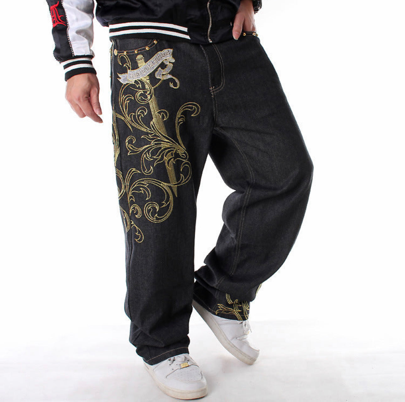 Golden Wings Embroidered Baggy Jeans