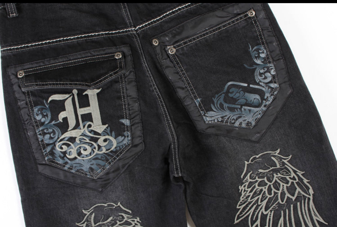 Men's Wings Embroidered Baggy Jeans