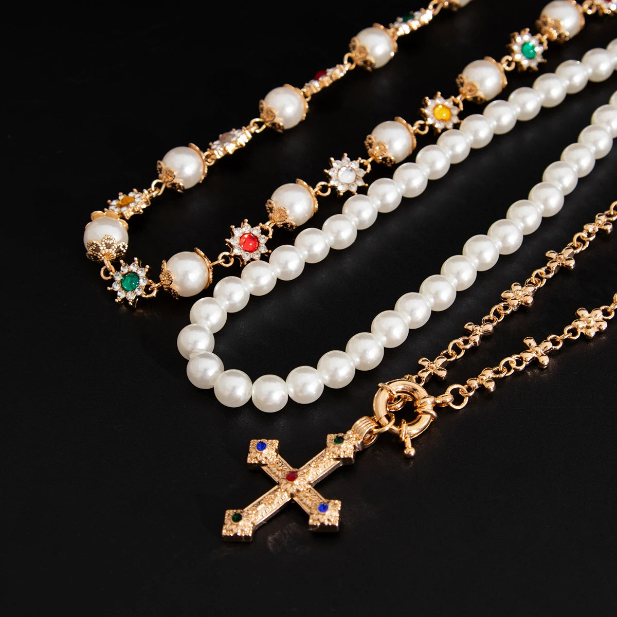 Gold Pearl Cross Necklace