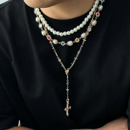 Gold Pearl Cross Necklace